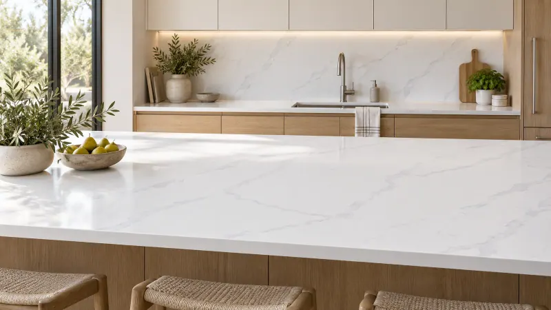 Interior ilustrativo de cocina con isla clara veteada y muebles de madera.