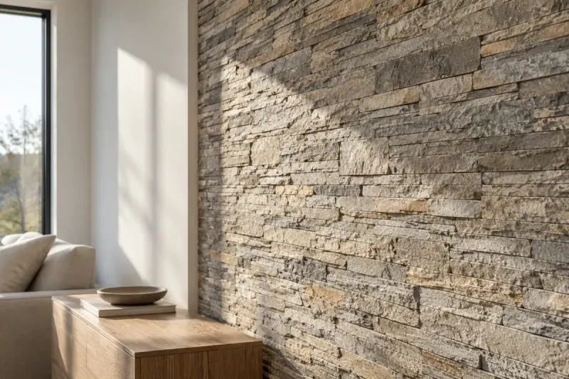 Ilustración de luz lateral sobre un revestimiento de piezas de piedra horizontales