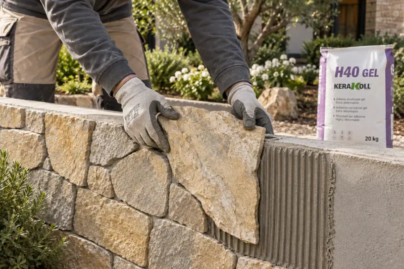 Ilustración generada con IA: colocación de piedra laja irregular en un muro bajo con adhesivo y un saco H40 Gel