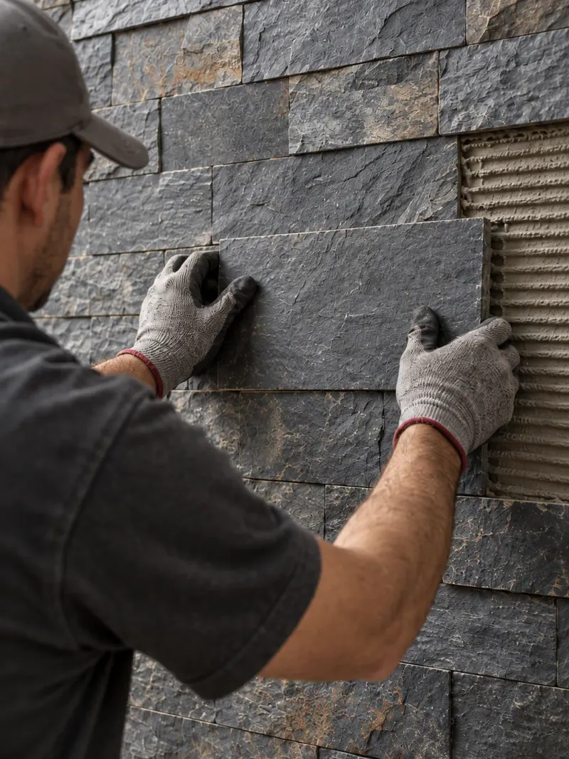 Ilustración de un instalador colocando una pieza de piedra pizarra sobre un muro con adhesivo