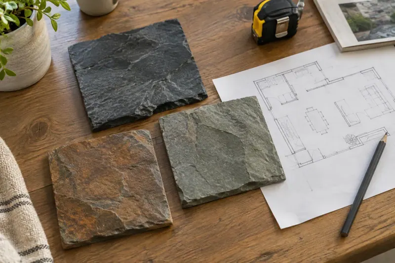 Ilustración de muestras de piedra, croquis y herramientas de medición sobre una mesa
